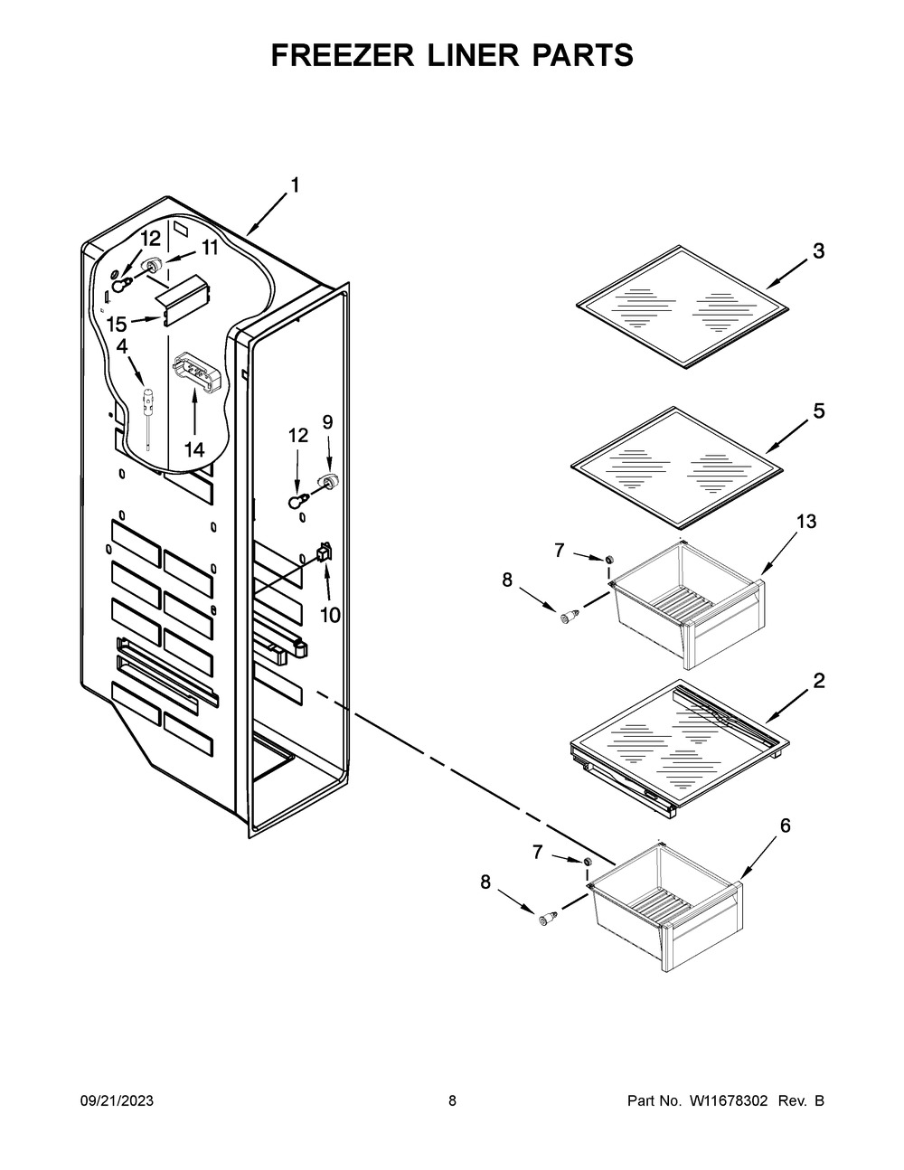 Freezer Liner Parts Diagram and Parts List for WRS588FIHV06  Whirlpool Refrigerator
