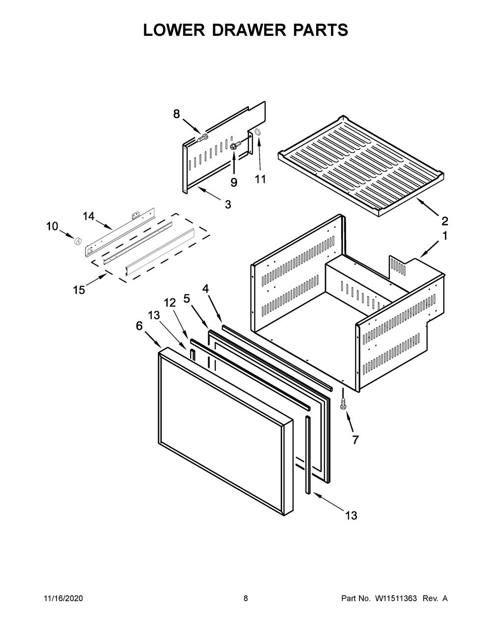 Lower Drawer Parts Diagram and Parts List for KUDF204EPA01  Whirlpool Wine and Beverage Cooler