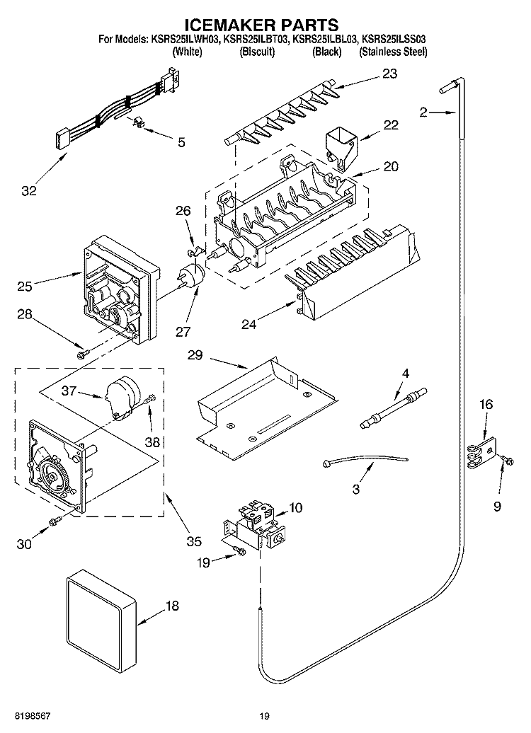 ICEMAKER PARTS, PARTS NOT ILLUSTRATED Diagram and Parts List for KSRS25ILBL03  KitchenAid Refrigerator