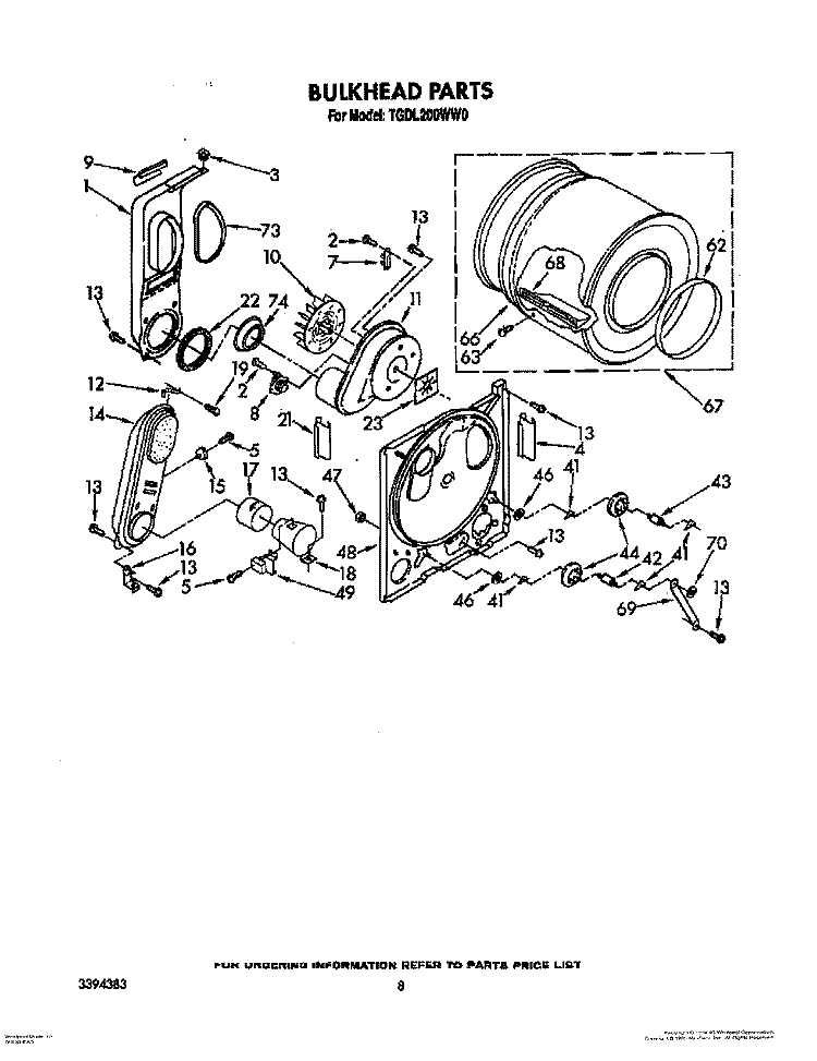 BULKHEAD Diagram and Parts List for TGDL200WW0  Whirlpool Dryer