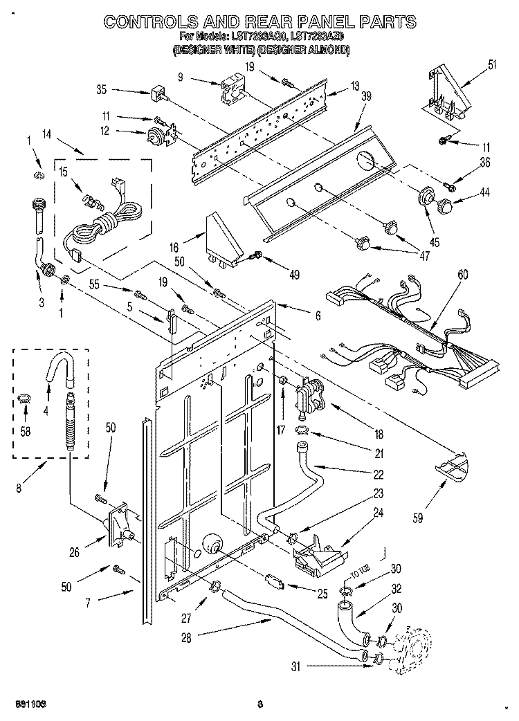 CONTROLS AND REAR PANEL Diagram and Parts List for LST7233AQ0  Whirlpool Washer