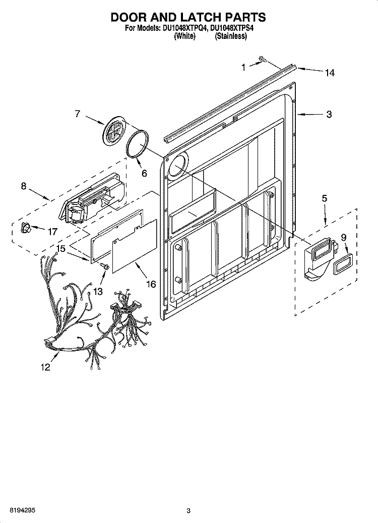 DOOR AND LATCH PARTS Diagram and Parts List for DU1048XTPS4  Whirlpool Dishwasher