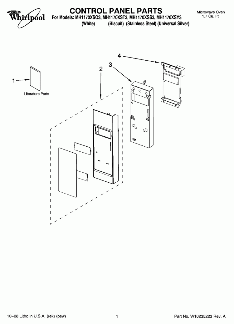 CONTROL PANEL PARTS Diagram and Parts List for MH1170XSQ3  Whirlpool Microwave