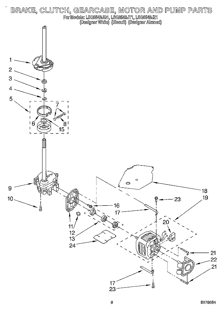 BRAKE, CLUTCH, GEARCASE, MOTOR & PUMP Diagram and Parts List for LSQ8543JT1  Whirlpool Washer