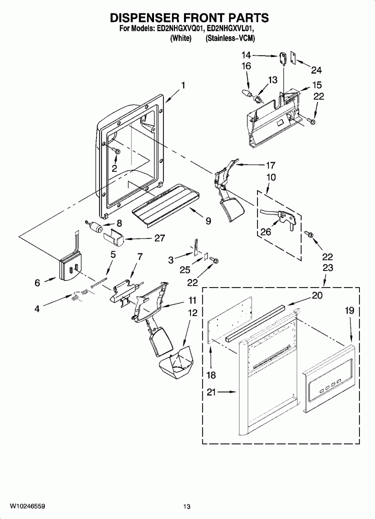 DISPENSER FRONT PARTS Diagram and Parts List for ED2NHGXVL01  Whirlpool Refrigerator