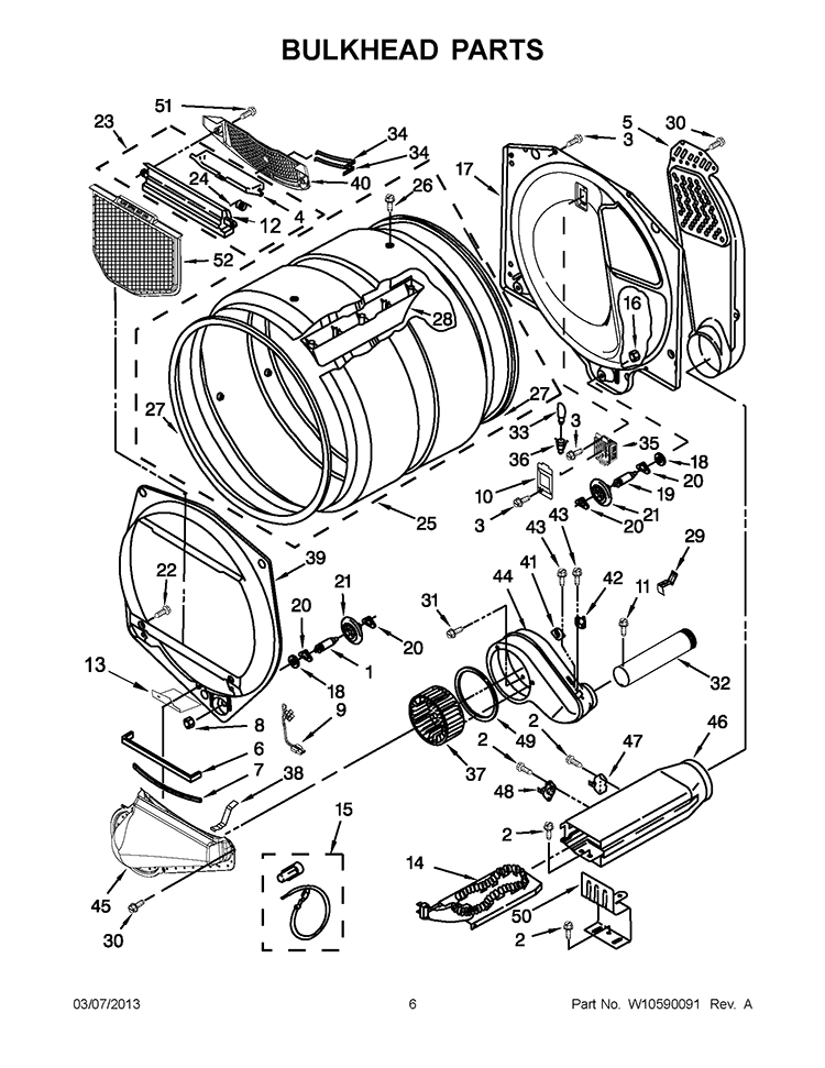 BULKHEAD PARTS Diagram and Parts List for WED5610XW1  Whirlpool Dryer