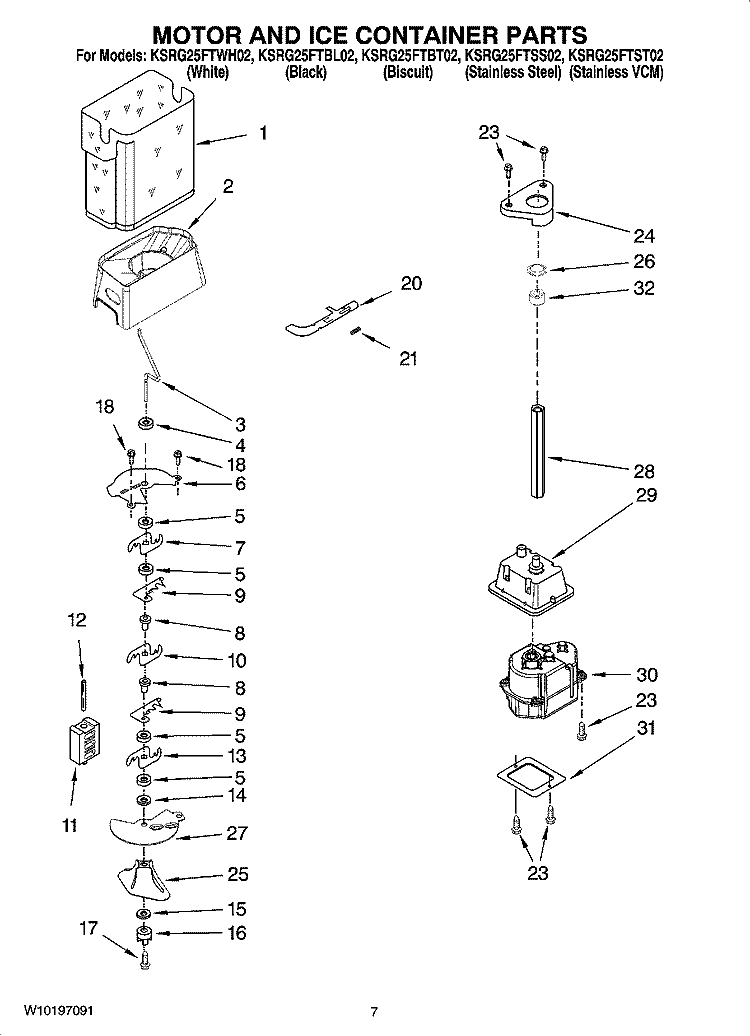 MOTOR AND ICE CONTAINER PARTS Diagram and Parts List for KSRG25FTST02  KitchenAid Refrigerator