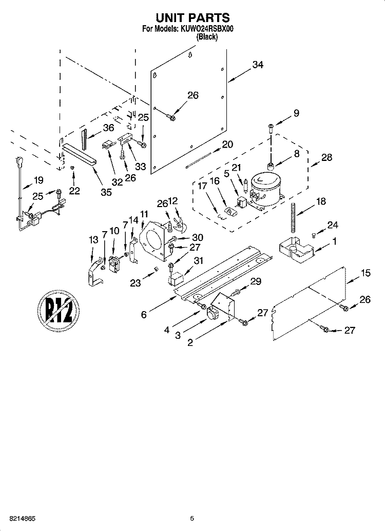 UNIT PARTS Diagram and Parts List for KUWO24RSBX00  KitchenAid Wine and Beverage Cooler