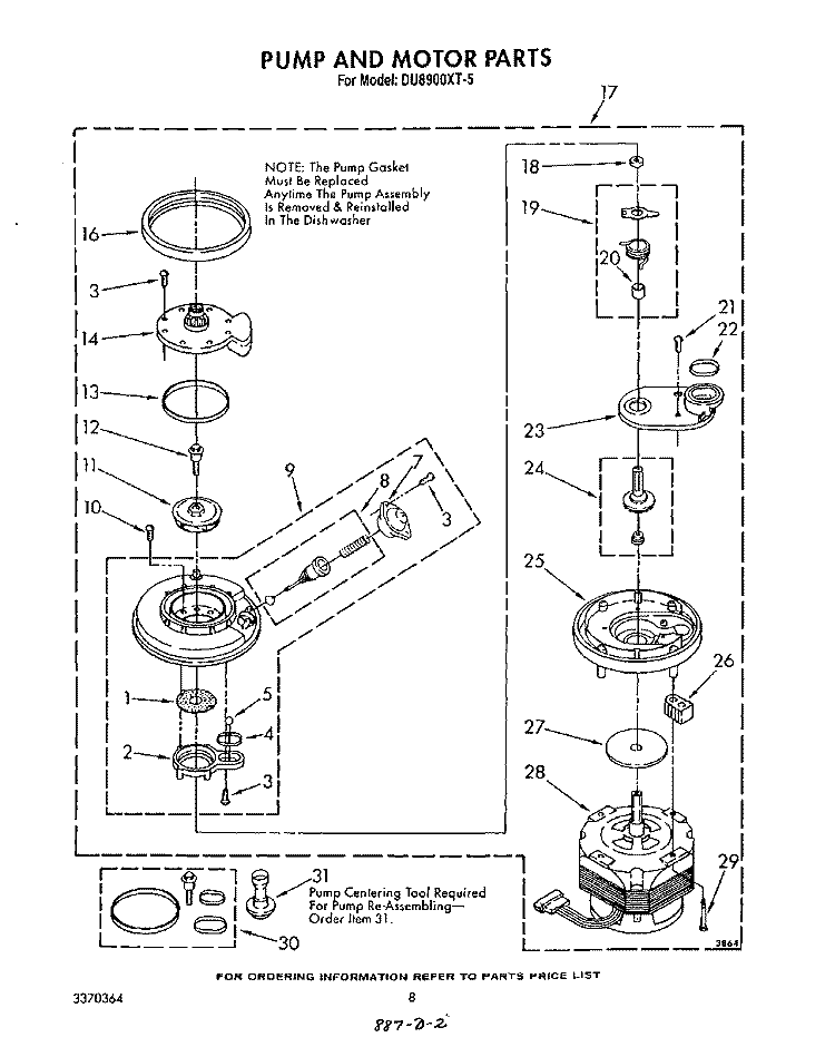 PUMP AND MOTOR Diagram and Parts List for DU8900XT5  Whirlpool Dishwasher