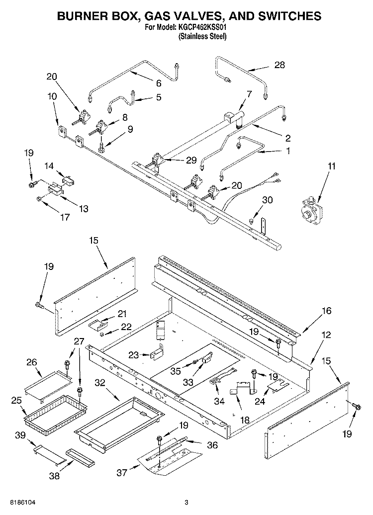 BURNER BOX, GAS VALVES, AND SWITCHES Diagram and Parts List for KGCP462KSS01  KitchenAid Cooktop