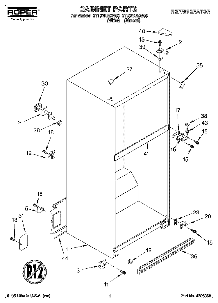 CABINET Diagram and Parts List for RT18AKXDW03  Roper Refrigerator