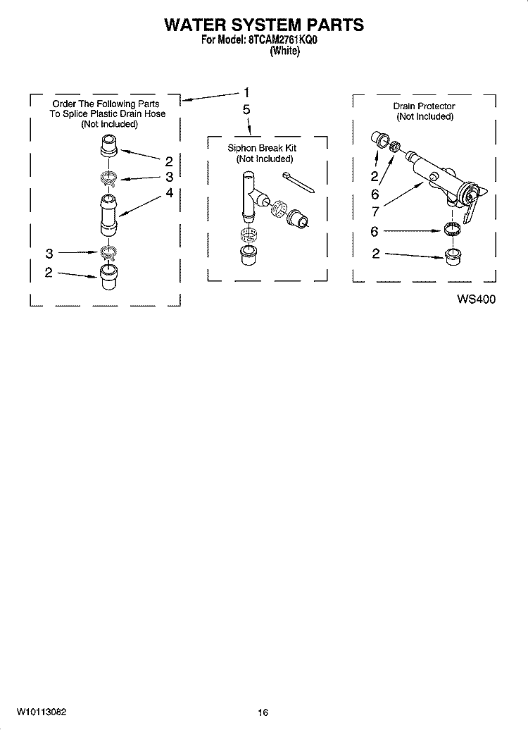 WATER SYSTEM PARTS, OPTIONAL PARTS (NOT INCLUDED) Diagram and Parts List for 8TCAM2761KQ0  Whirlpool Washer