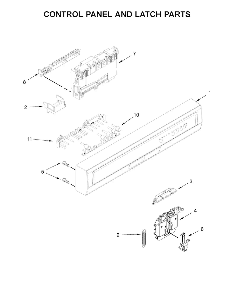 Control Panel And Latch Parts Diagram and Parts List for WDF330PAHW0  Whirlpool Dishwasher
