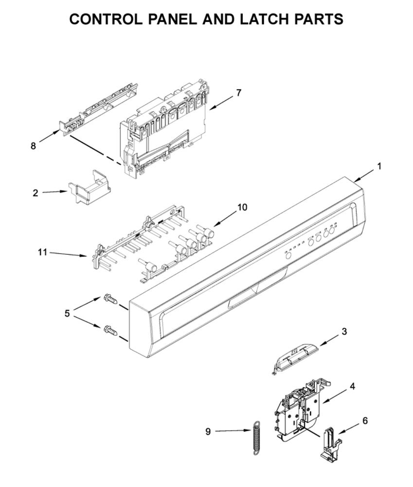Control Panel And Latch Parts Diagram and Parts List for WDF130PAHB1  Whirlpool Dishwasher