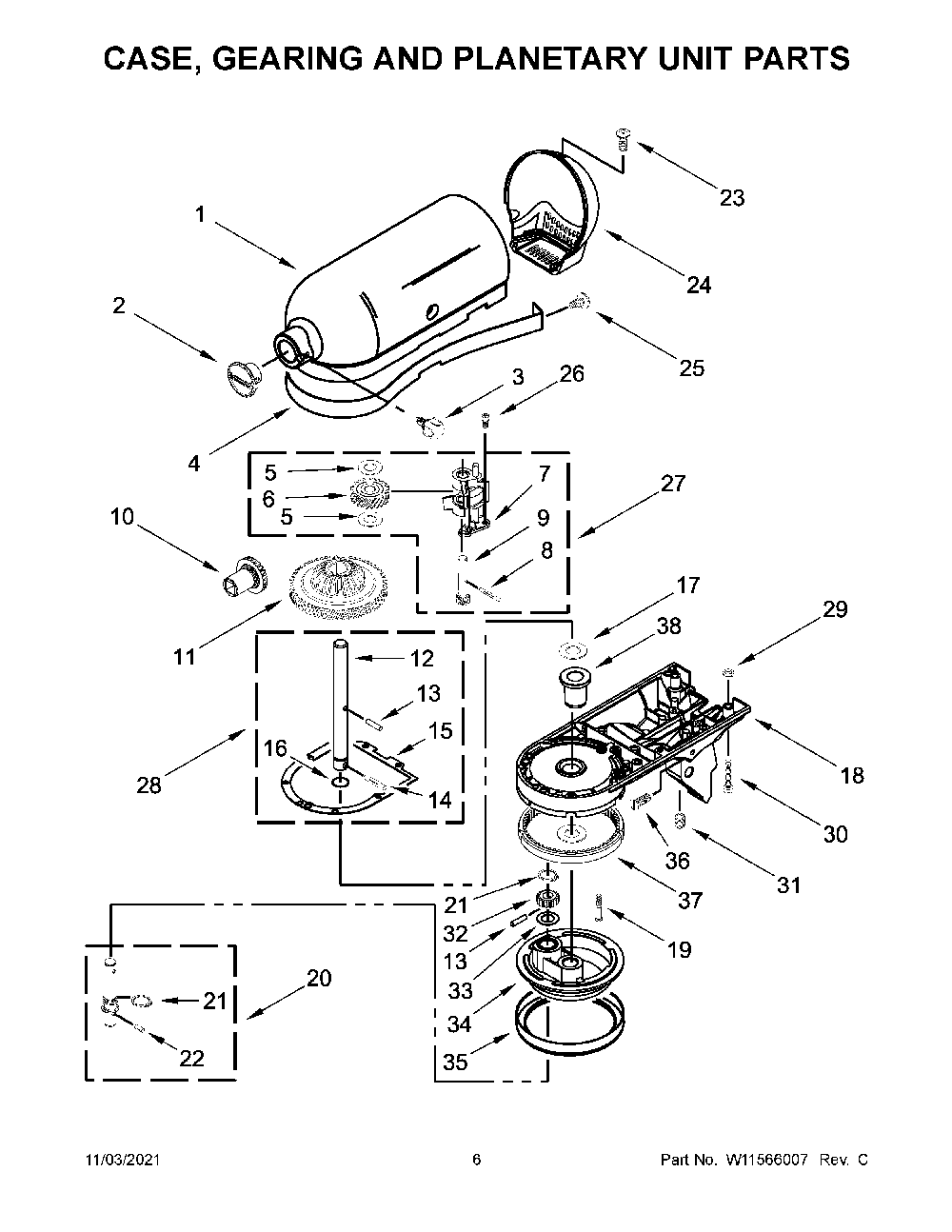 Case, Gearing And Planetary Unit Parts Diagram and Parts List for KSM195PSFT0  KitchenAid Mixer