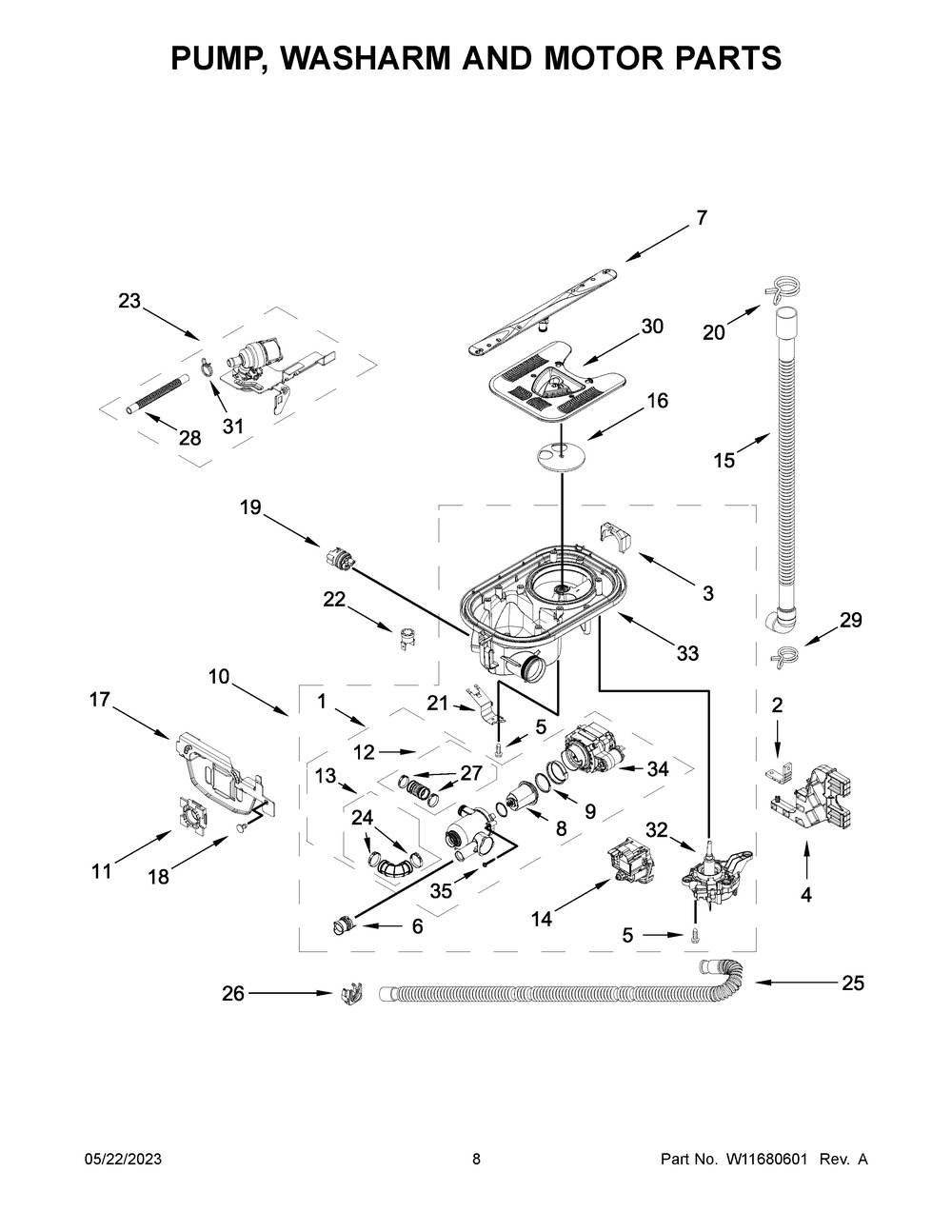 Pump, Washarm And Motor Parts Diagram and Parts List for KDPM604KPS2  KitchenAid Dishwasher