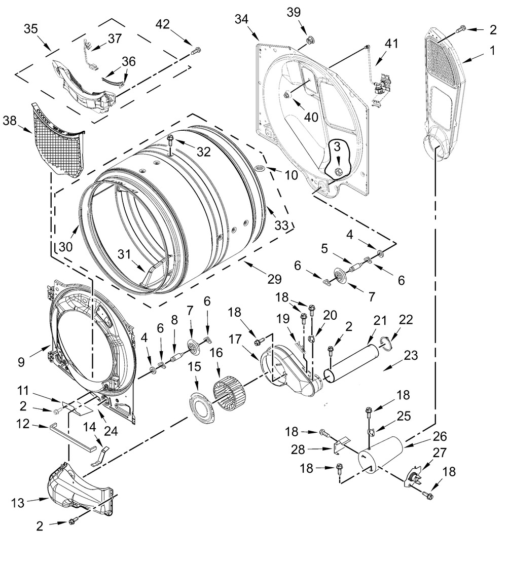 Bulkhead Parts Diagram and Parts List for WGD6605MW1,WGD6605MC1  Whirlpool Dryer
