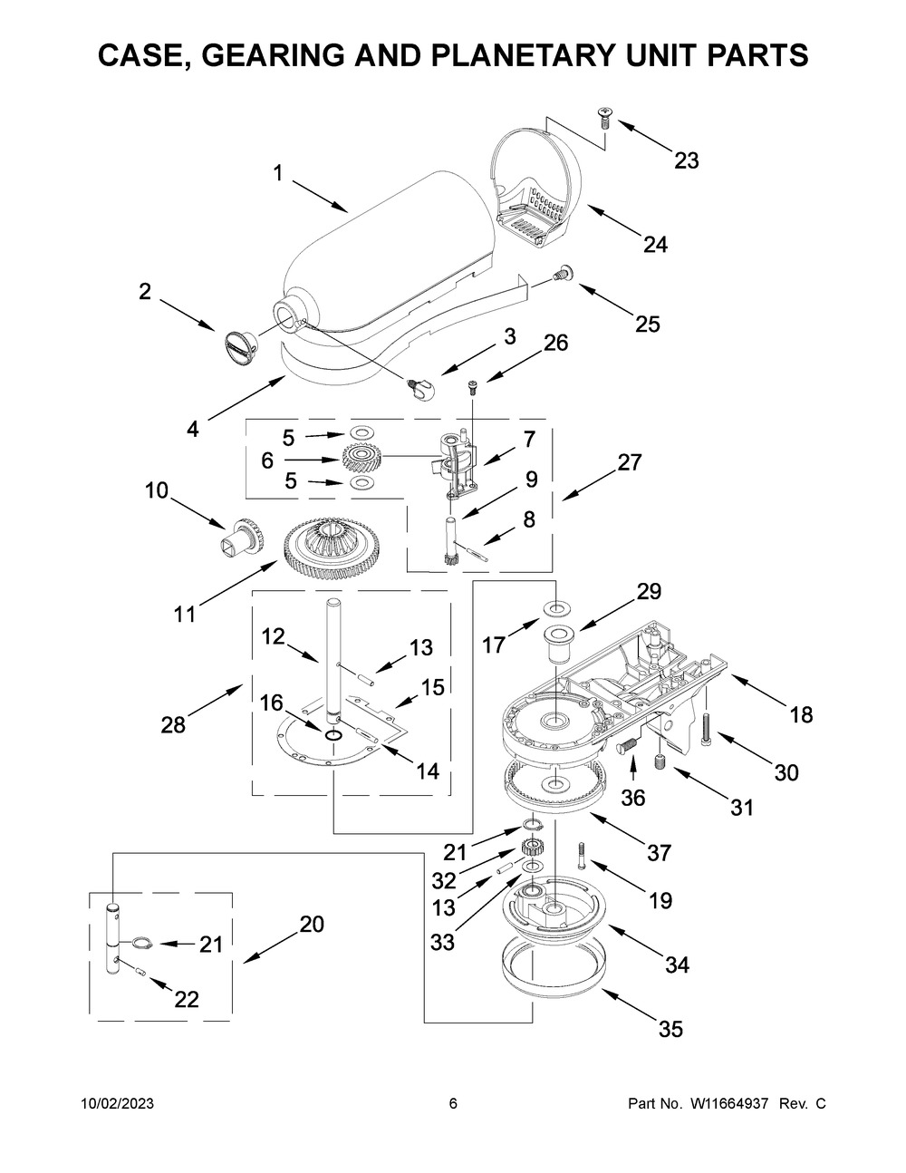 Case, Gearing And Planetary Unit Parts Diagram and Parts List for KSM195PSOA5  KitchenAid Mixer