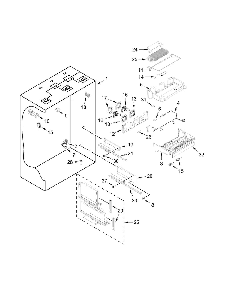 Refrigerator Liner Parts Diagram and Parts List for KBFN502EPA00  KitchenAid Refrigerator