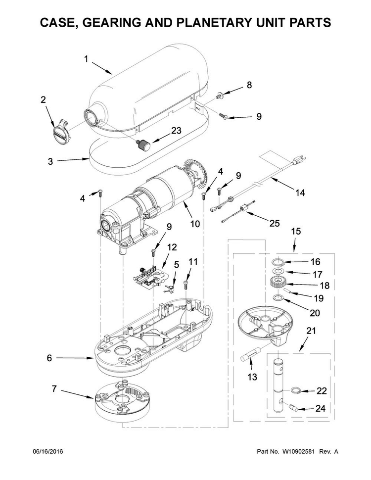 Case, Gearing And Planetary Unit Parts Diagram and Parts List for 5KSM7586PZCA0  KitchenAid Mixer