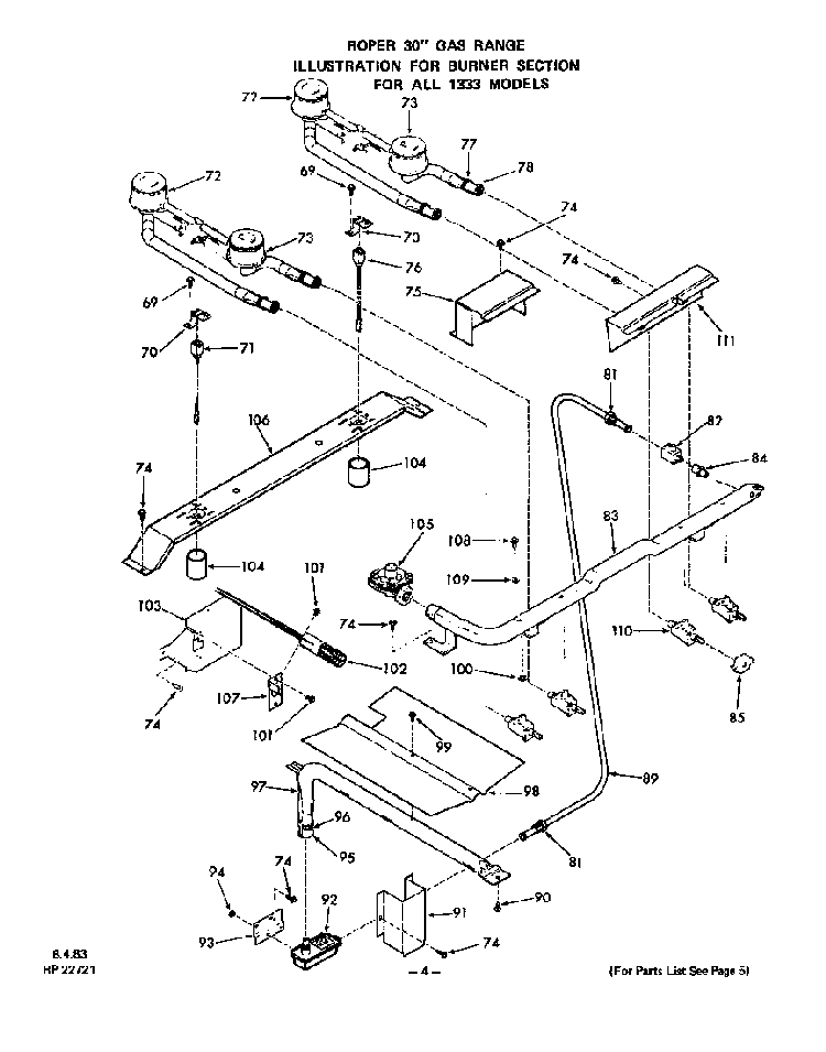 Burner Diagram and Parts List for 1333*1A  Roper Range