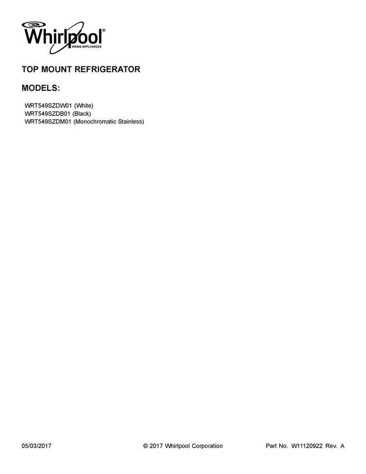 Cover Sheet Diagram and Parts List for WRT549SZDB01  Whirlpool Refrigerator