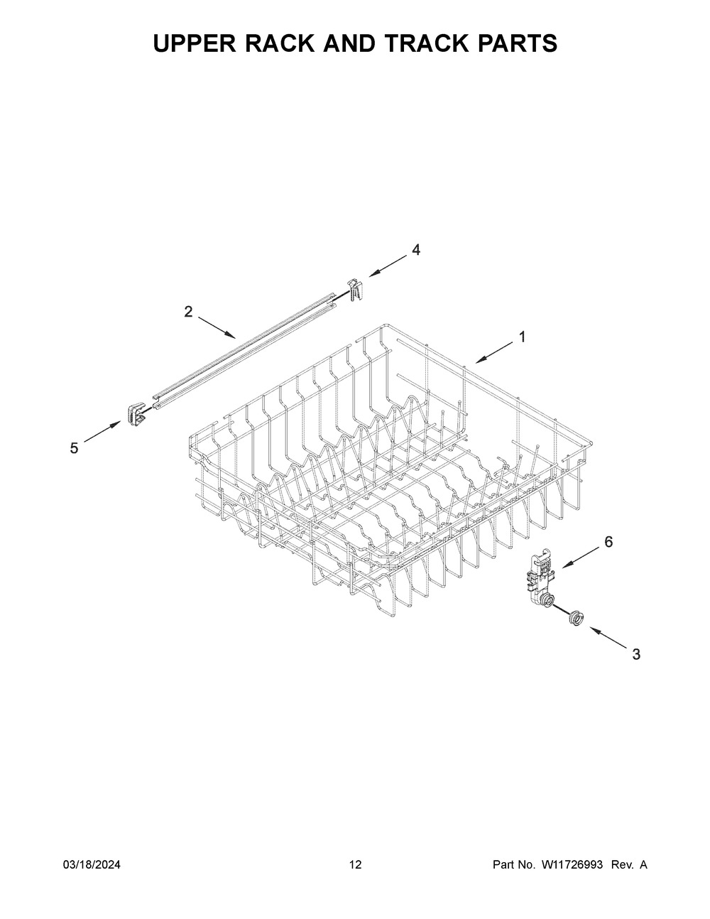 Upper Rack And Track Parts Diagram and Parts List for WDT740SALB3  Whirlpool Dishwasher