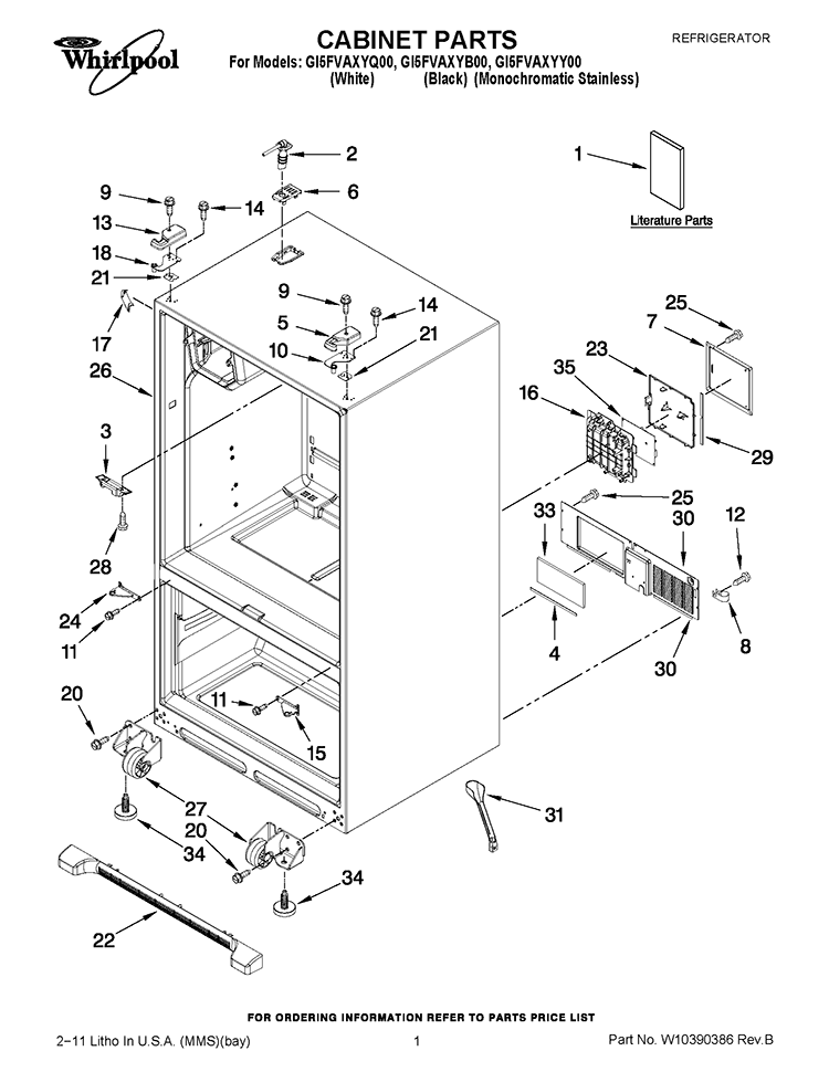 CABINET PARTS Diagram and Parts List for GI5FVAXYQ00  Whirlpool Refrigerator