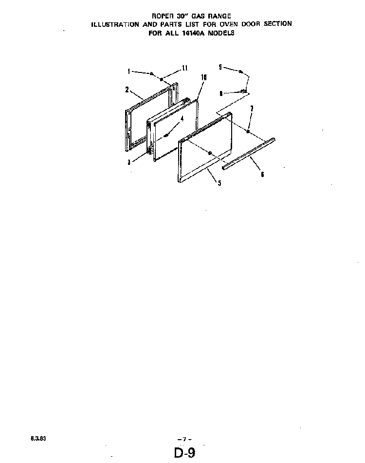 Oven Door Diagram and Parts List for 1414*0A  Roper Range