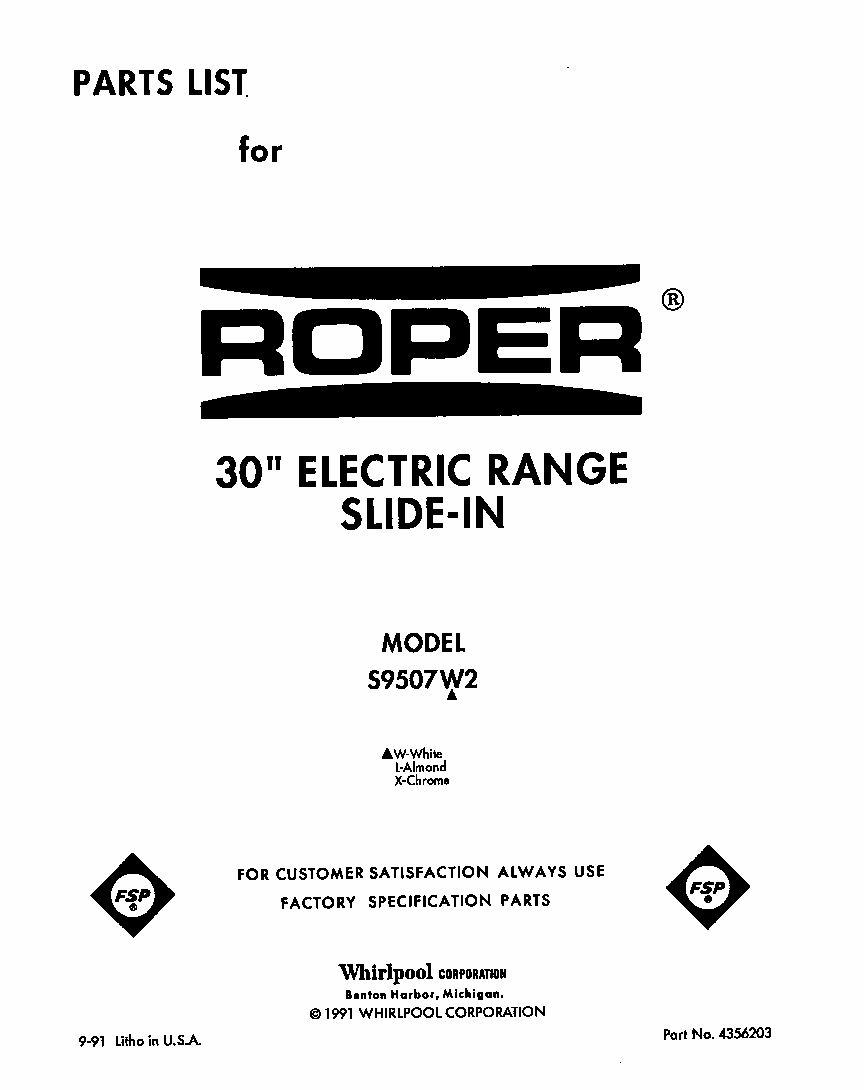 Front Cover Diagram and Parts List for S9507*2  Roper Range