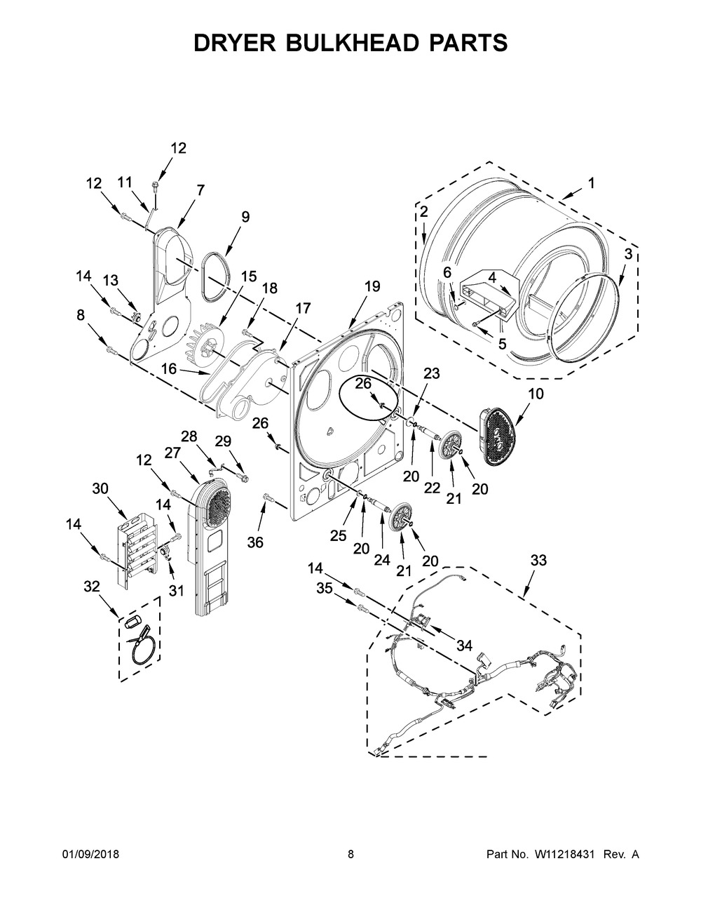 Dryer Bulkhead Parts Diagram and Parts List for YWET4024HW0  Whirlpool Washer Dryer Combo