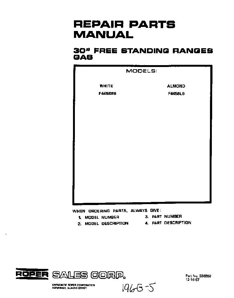 Cover Page-text Only Diagram and Parts List for F4458*0  Roper Range