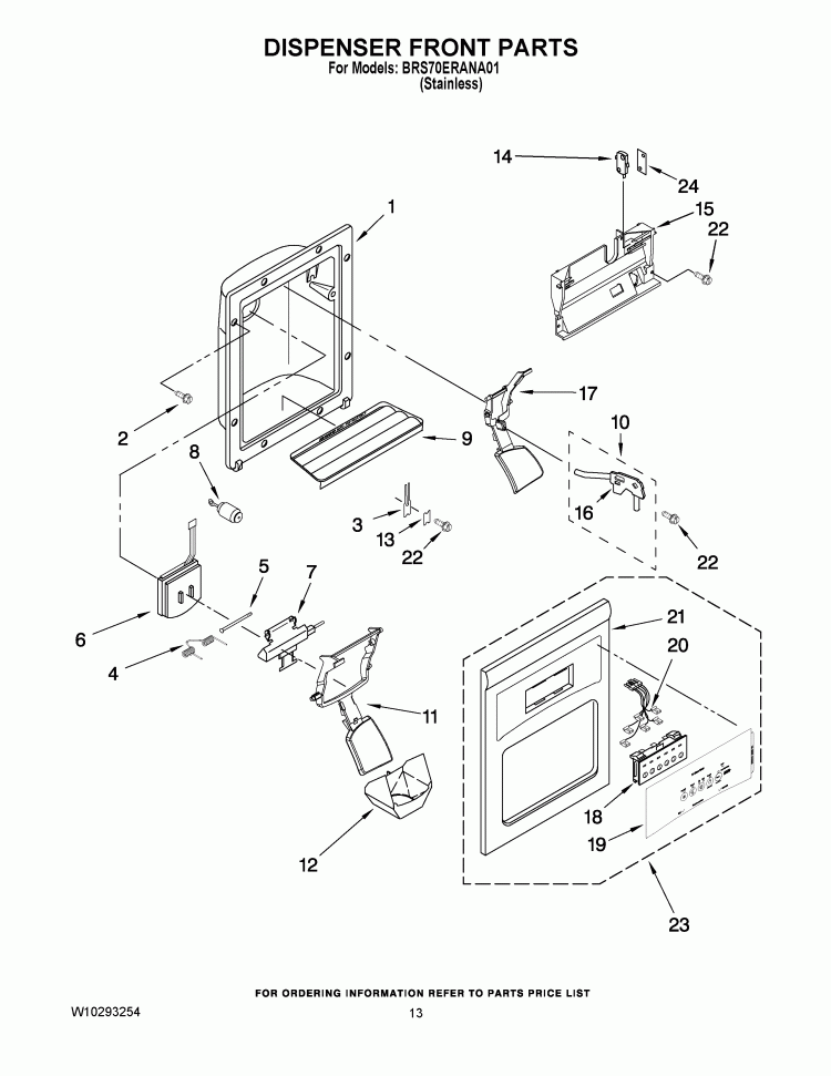 DISPENSER FRONT PARTS Diagram and Parts List for BRS70ERANA01  Whirlpool Refrigerator