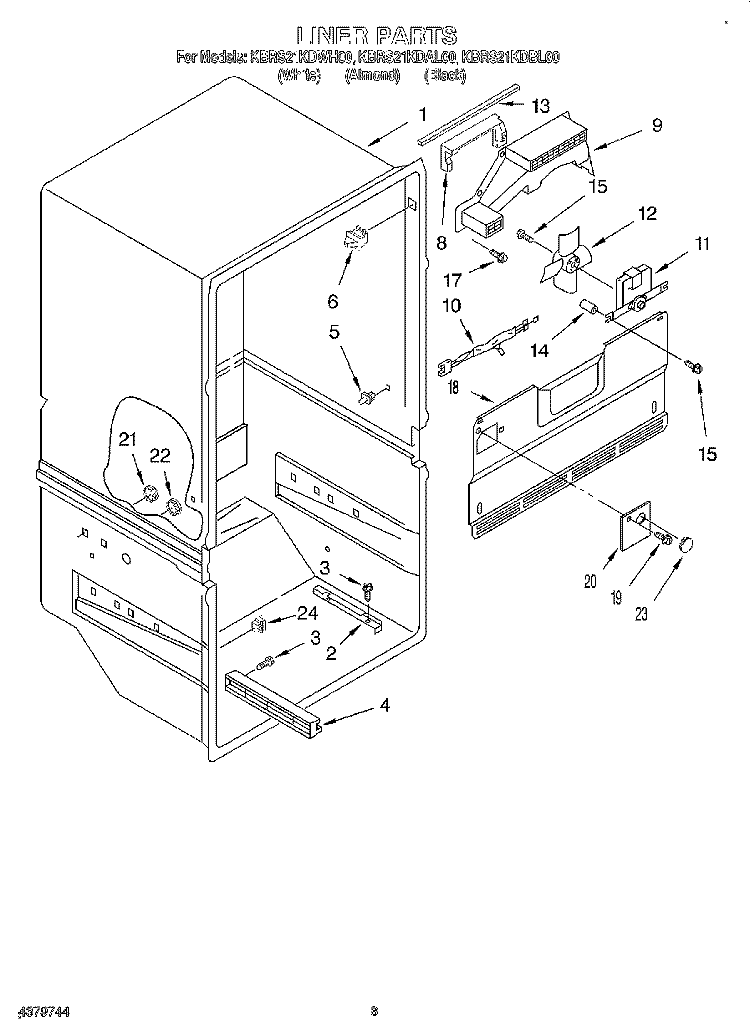 LINER Diagram and Parts List for KBRS21KDBL00  KitchenAid Refrigerator