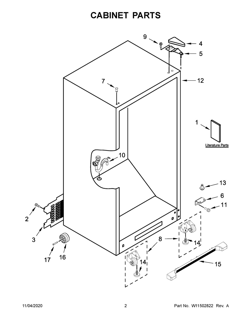 Cabinet Parts Diagram and Parts List for WZF34X20DW02  Whirlpool Freezer