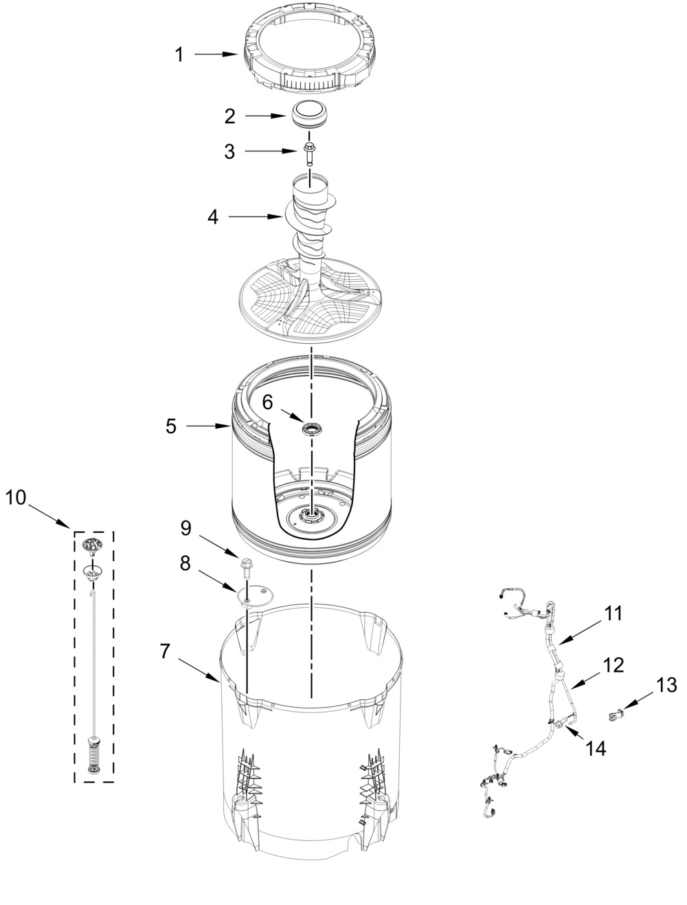 Basket And Tub Parts Diagram and Parts List for MVW6230RHW5  Whirlpool Washer