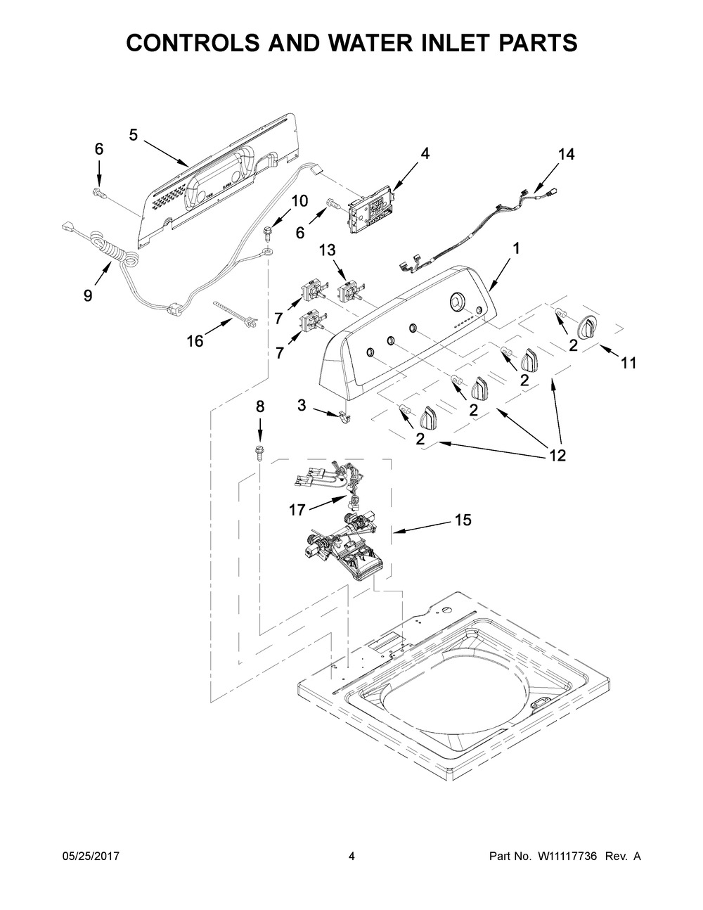 Controls And Water Inlet Parts Diagram and Parts List for 1CWTW4705GW0  Whirlpool Washer