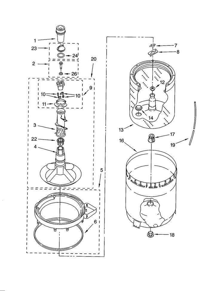 Agitator, Basket And Tub Diagram and Parts List for 7MLSC9545JQ2  Whirlpool Washer