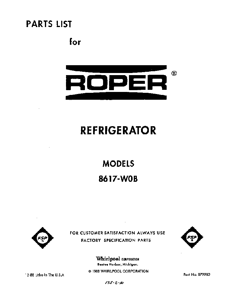 Front Cover Diagram and Parts List for 8617*0B  Roper Refrigerator