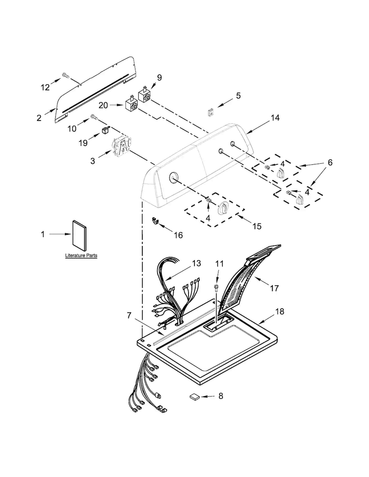 Top And Console Parts Diagram and Parts List for 11072332511  Kenmore Dryer