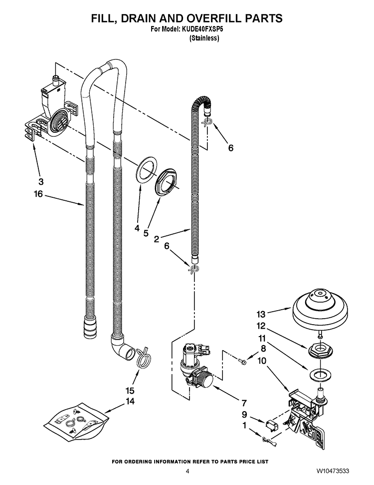 FILL, DRAIN AND OVERFILL PARTS Diagram and Parts List for KUDE40FXSP5  KitchenAid Dishwasher