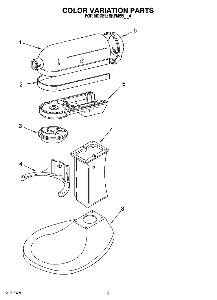 COLOR VARIATION PARTS Diagram and Parts List for 5KPM5BWH4  KitchenAid Mixer