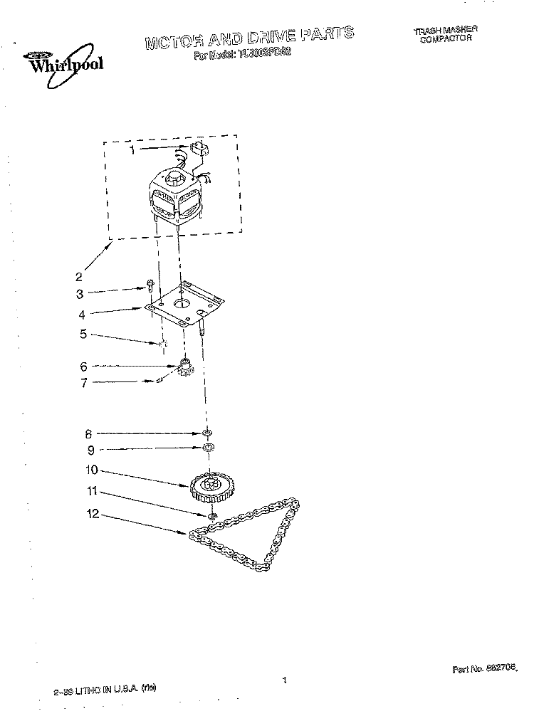 MOTOR AND DRIVE, LITERATURE Diagram and Parts List for TU800SPDB2  Whirlpool Trash Compactor