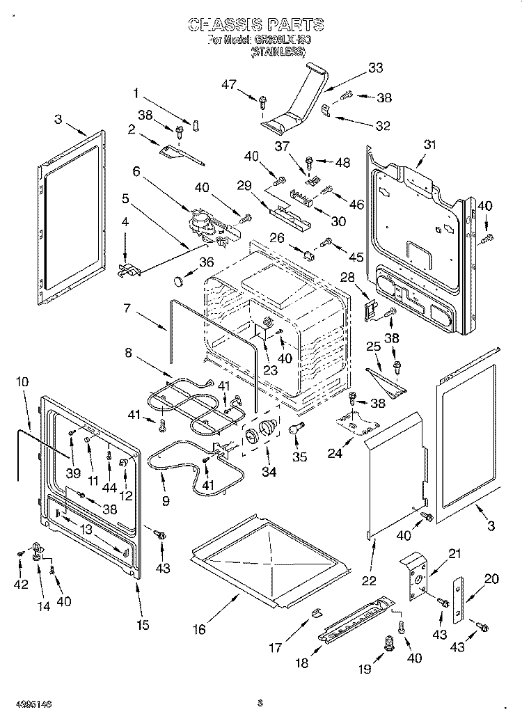 CHASSIS Diagram and Parts List for GR399LXHS0  Whirlpool Range