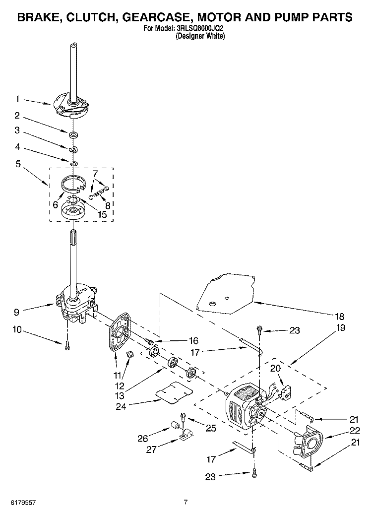 BRAKE, CLUTCH, GEARCASE, MOTOR AND PUMP PARTS Diagram and Parts List for 3RLSQ8000JQ2  Whirlpool Washer