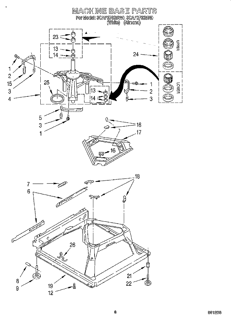 MACHINE BASE Diagram and Parts List for 3CAP2762BW0  Whirlpool Washer