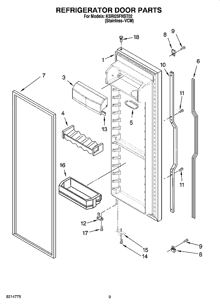 REFRIGERATOR DOOR PARTS Diagram and Parts List for KSRI25FNST02  KitchenAid Refrigerator