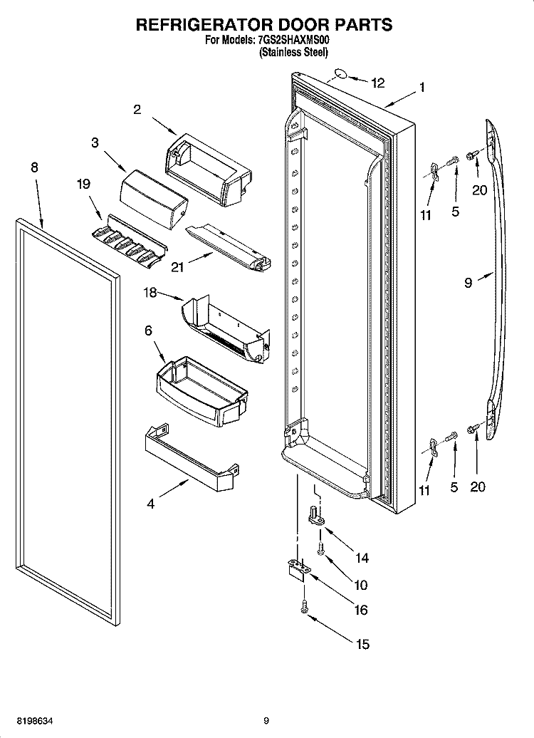 REFRIGERATOR DOOR PARTS Diagram and Parts List for 7GS2SHAXMS00  Whirlpool Refrigerator
