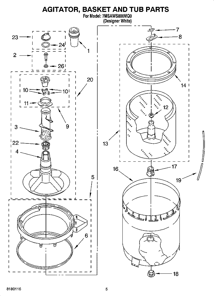 AGITATOR, BASKET AND TUB PARTS Diagram and Parts List for 7MSAWS800MQ0  Whirlpool Washer