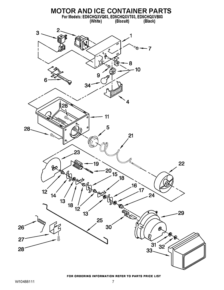 MOTOR AND ICE CONTAINER PARTS Diagram and Parts List for ED5CHQXVB03  Whirlpool Refrigerator